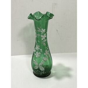 Antique Hand Blown Emerald‎ Glass Vase Moser? Painted Enamel Ruffled Edge 9.5”